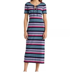 Lauren Ralph Lauren Striped Lace Up Midi Dress Size L $128